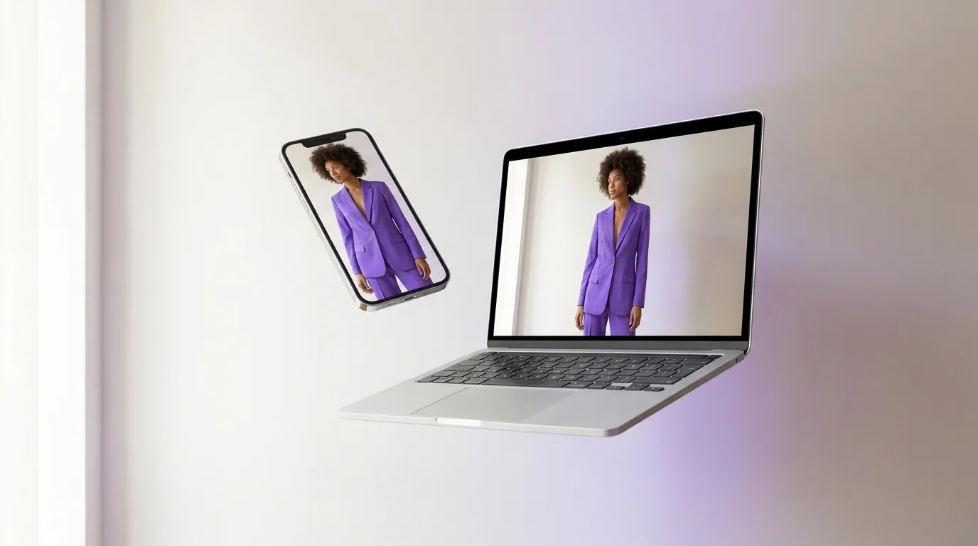 Smartphone et ordinateur portable affichant la même tenue essayée virtuellement sur un mannequin