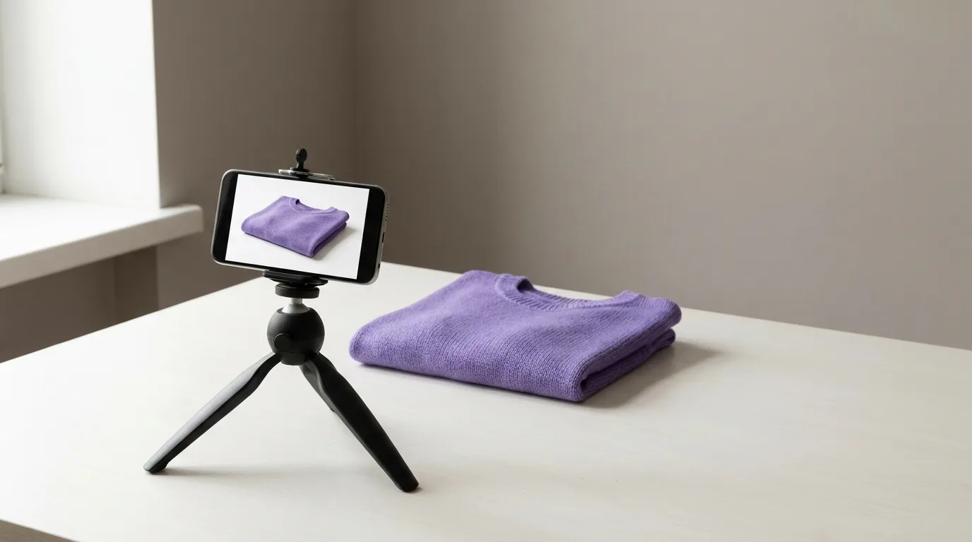 Smartphone sur trépied créant une photo produit professionnelle d'un seul vêtement