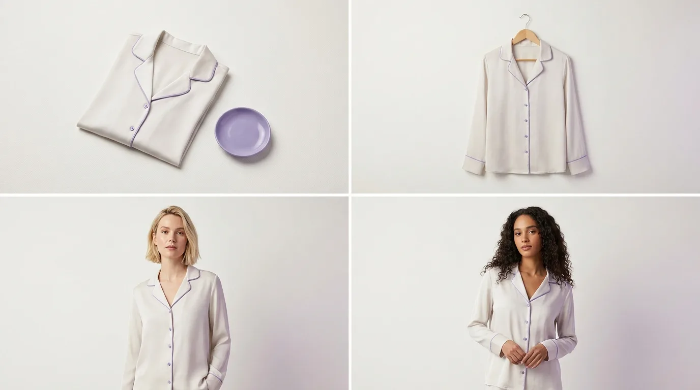 Grille du même vêtement présenté à plat, sur cintre et porté par des mannequins IA