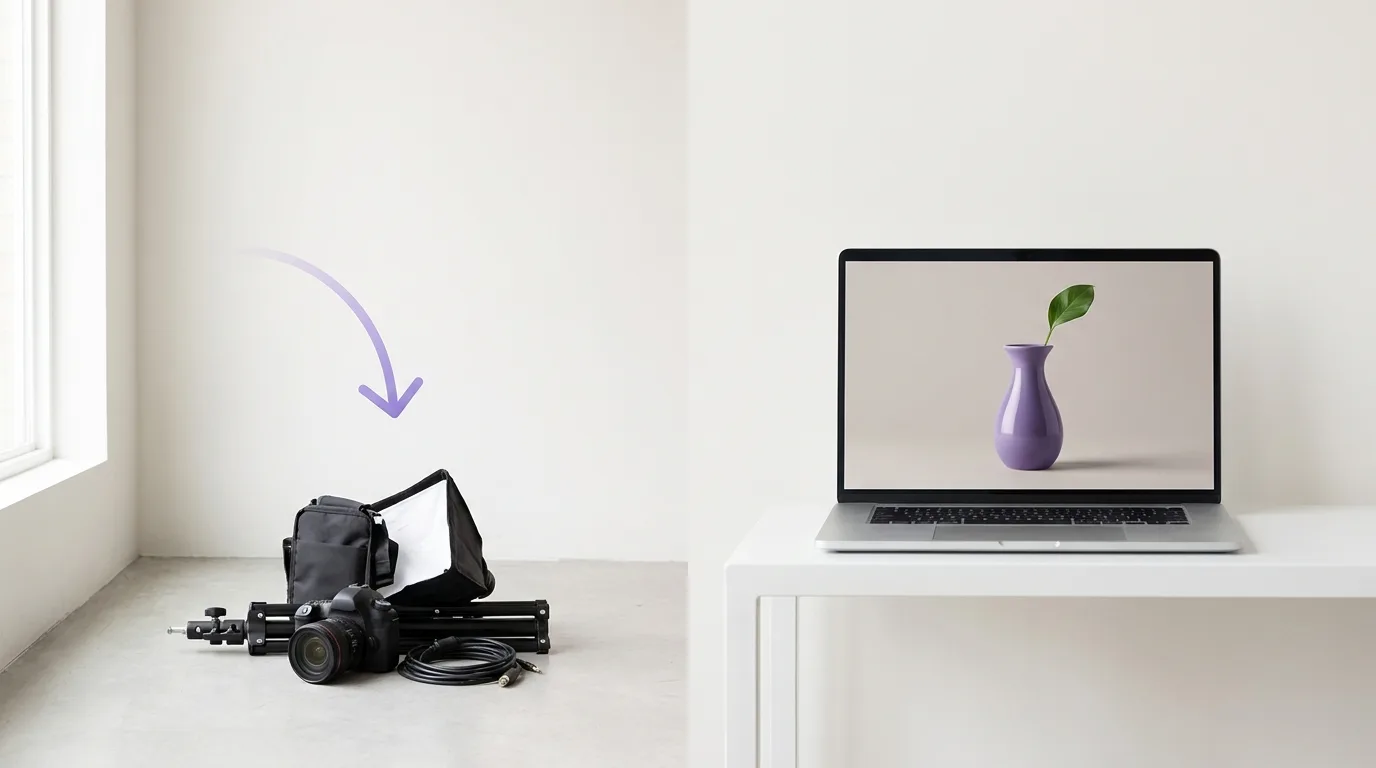 Matériel de studio photo coûteux comparé à un ordinateur générant la même image produit