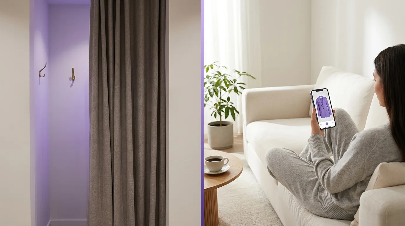 Cabine d'essayage fermée en boutique comparée à l'essayage à la maison avec un téléphone