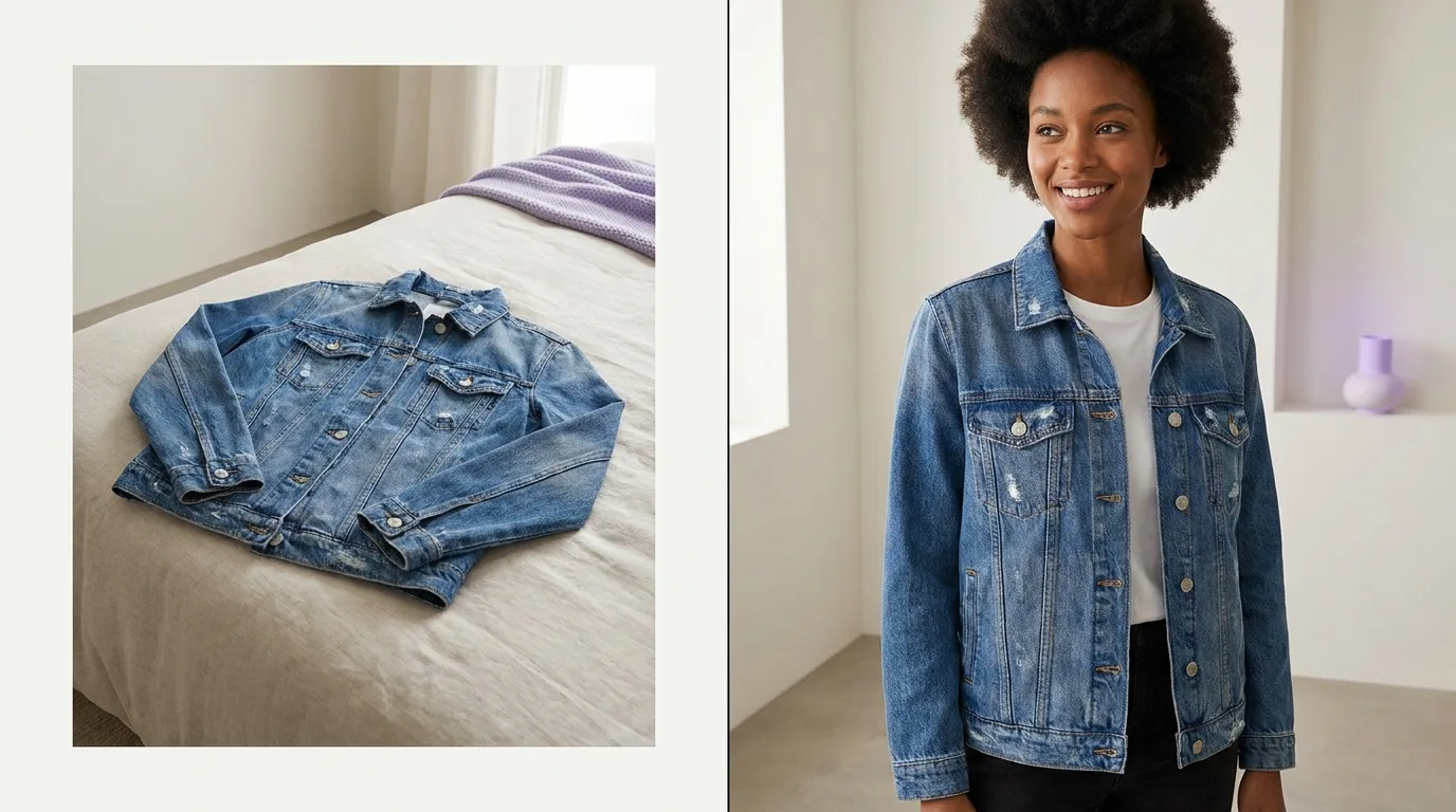 Veste d'occasion à plat comparée au rendu porté grâce à l'essayage virtuel IA